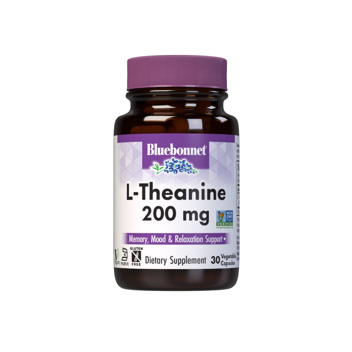 Bluebonnet Nutrition L-Theanine 200mg, Free-Form Amino Acid, Promotes Relaxation*, Soy-Free, Gluten-Free, Non-GMO, Kosher Certified, Vegan, 60 Vegetable Capsules, 60 Servings