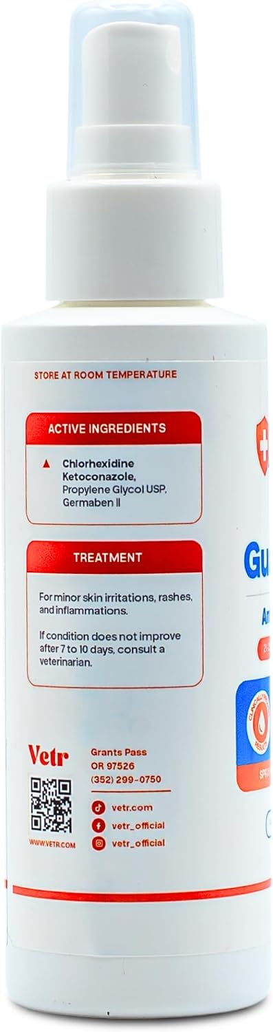 vetr Skin Guard Plus Chlorhexidine Ketoconazole Cleansing Spray, 120mL | For dogs, cats, and horses. Fresh Scent, 2% / 1% dual-action formula