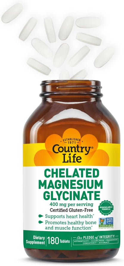 Country Life Chelated Magnesium Glycinate 400 mg, 180 Tablets