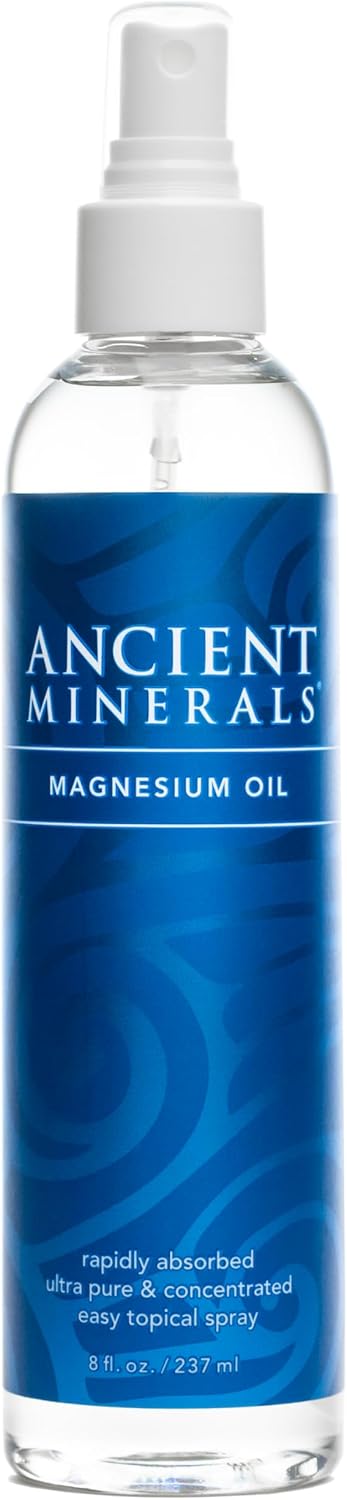 Ancient Minerals Magnesium Oil Spray, Zechstein Chloride, 8oz | Pure Zechstein magnesium chloride topical spray for skin. Fast-absorbing magnesium mist. 8 fl oz.