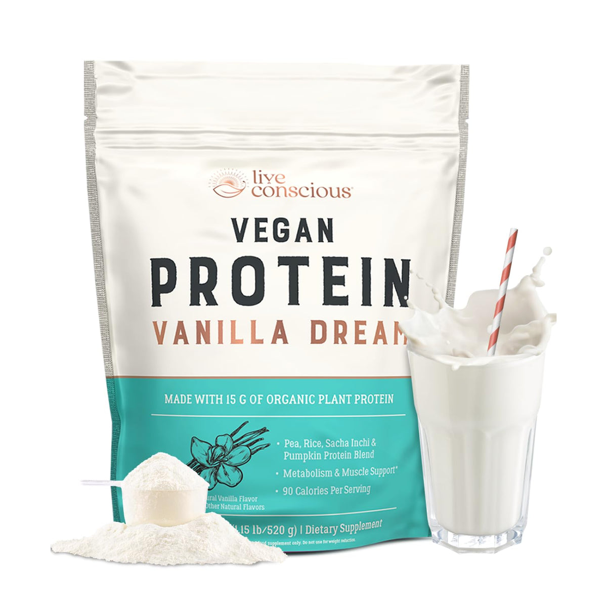 Live Conscious Cosmic Cacao - Organic Vegan Protein Powder, Chocolate Flavor, Plant-Based Blend - Pea Protein, Brown Rice, Pumpkin, Sacha Inchi - 20 Servings, 17 oz