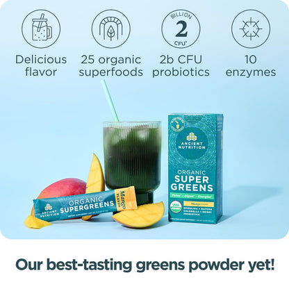 Ancient Nutrition SuperGreens Powder with Probiotics, Organic Mango Flavor Greens, Made from Real Fruits, Vegetables and Herbs, Digestive and Energy Support, 16 Stick Packs, 4.3oz Ancient NutritionBuy Supplements Australia