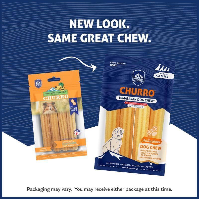 Himalayan Dog Chew Churro, Soft Yak Cheese Treat, Peanut Butter, 4 Sticks | 100% Natural, Soft Density Dental Support, Gluten Free, Healthy Safe Dog Treats for All Breeds and Ages, Lactose & Grain Free