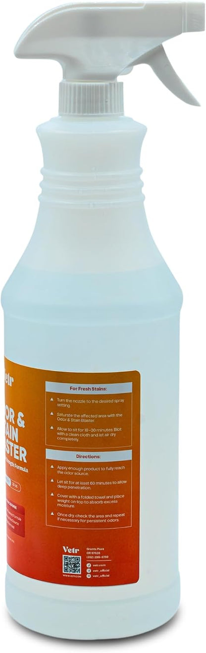 vetr Pet Odor & Stain Blaster - Enzyme Pet Stain & Odor Removal Spray - 32 oz Bottle for Carpet, Upholstery & Floors - Rid of Dog & Cat Urine, Vomit & Messes