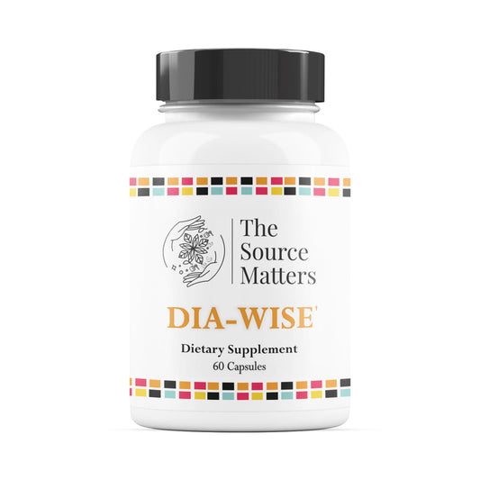 DIA-WISE dietary supplement bottle with 'The Source Matters' branding on a white background