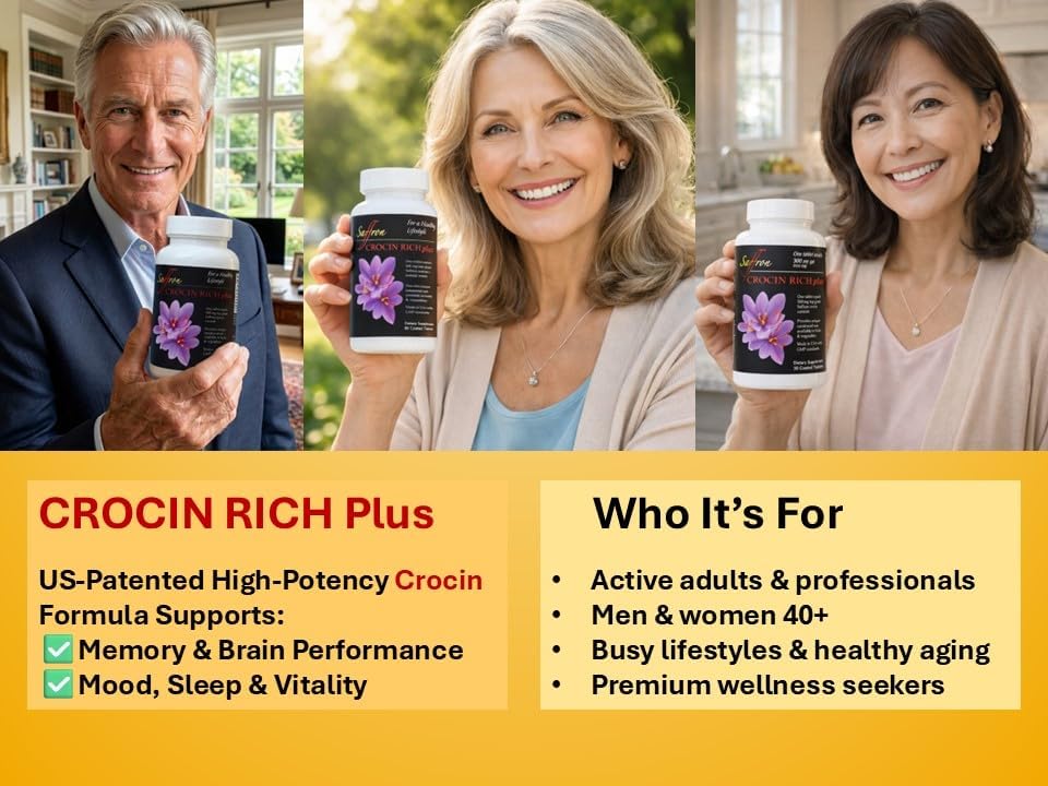 Crocin Brain Supplement for Memory & Focus | CROCIN RICH Plus - 60 Tablets | 75% High-Purity Crocin; Clinically Relevant Dose; U.S. Patented Formula; Mood & Healthy Aging; Sleep Quality; Mental Clarity