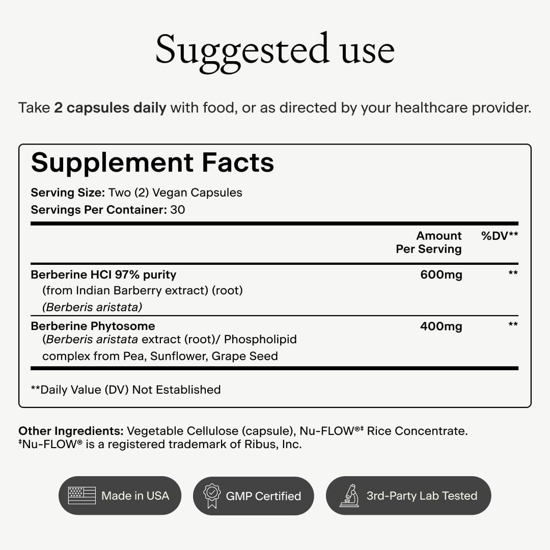 OMRE Berberine Dual-Action Formula with Phytosome (1000mg Total Berberine) - Support Metabolic and Heart Health, Gluten-Free - 30 Servings