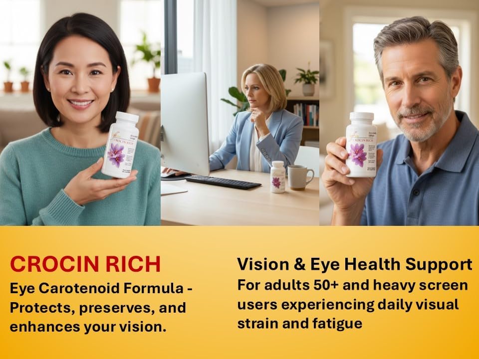 Eye Health Supplement for Vision, Macular & Eye Pressure | Crocin Rich 60CT | 75% High-Purity Crocin; Saffron's Key Bioactive; Standardized Formula; Lutein & Zeaxanthin; Visual Acuity; Retinal Health