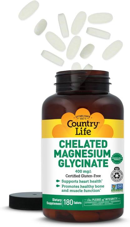Country Life Chelated Magnesium Glycinate 400 mg, 180 Tablets