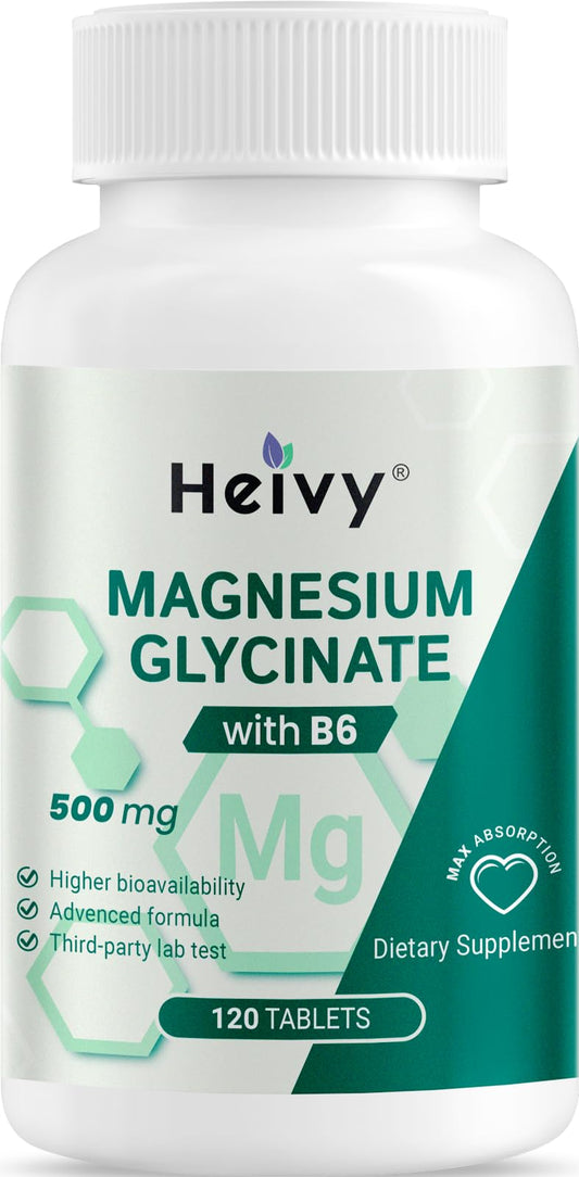 Heivy Pure Magnesium Glycinate 500mg with Vitamin B6, 100% Chelated & Purified Supports Nerve Relife, Sleep Aid & Muscle Support, Vegan & Non-GMO, Made in USA, 3rd Party Tested, 120 Tablets HeivyBuy Supplements Australia