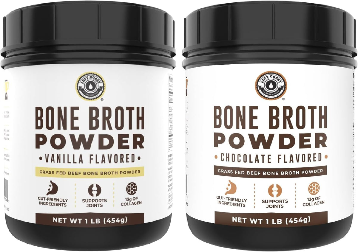 Left Coast Performance Vanilla Bone Broth Protein Powder, 16oz + Chocolate Bone Broth Protein Powder 16oz