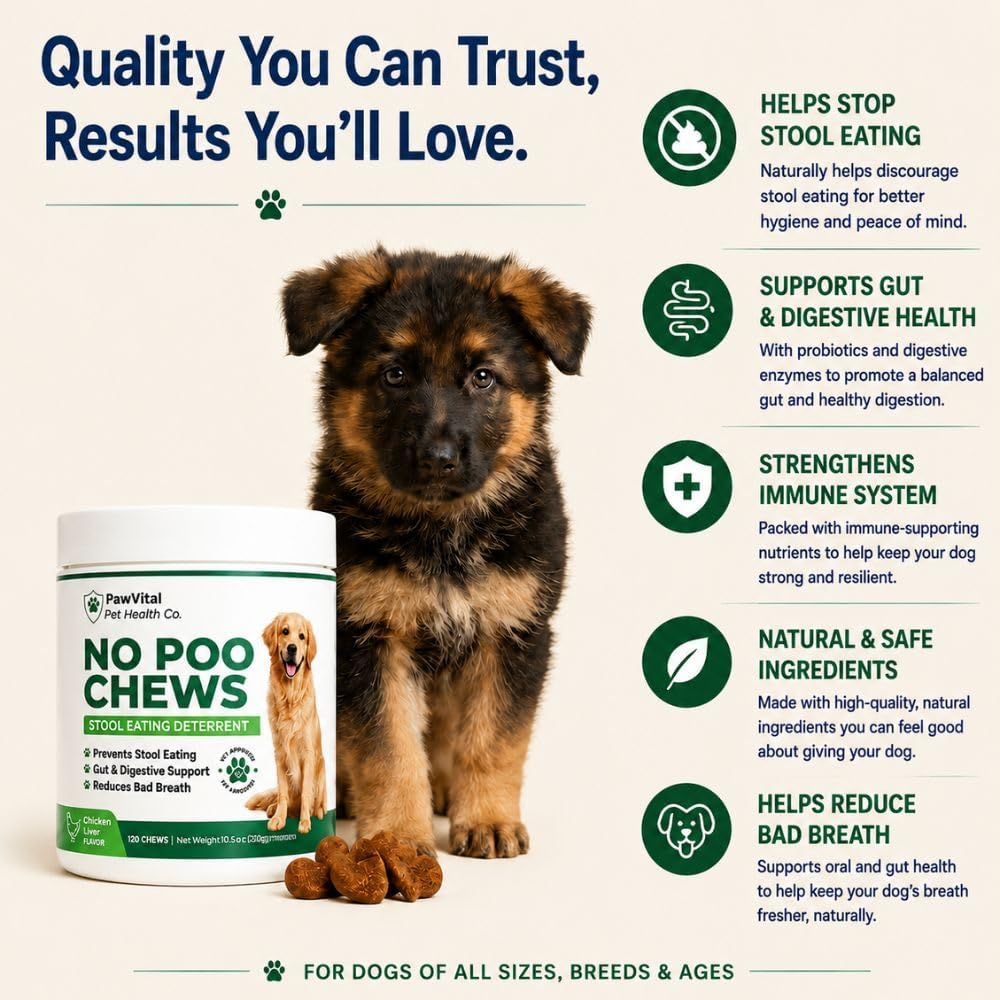 No Poo Chews for Dogs, Coprophagia Stool Eating Deterrent, Stop Eating Poop Supplement with Probiotics, Digestive Enzymes & Breath Aid Support, Gut Health & Digestive Support, Chicken Flavor, 120 Ct