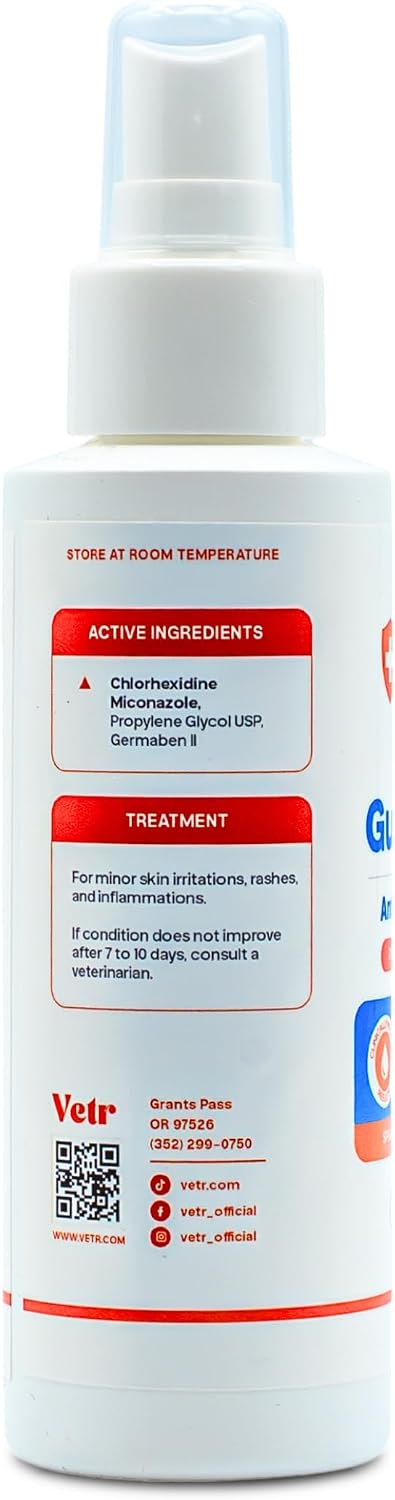 vetr Skin Guard Max Chlorhexidine Miconazole Cleansing Spray, 120mL | For dogs, cats, and horses. Dual-action 2% / 2% formula. Soothes dry, irritated skin. Cleanses skin & coat