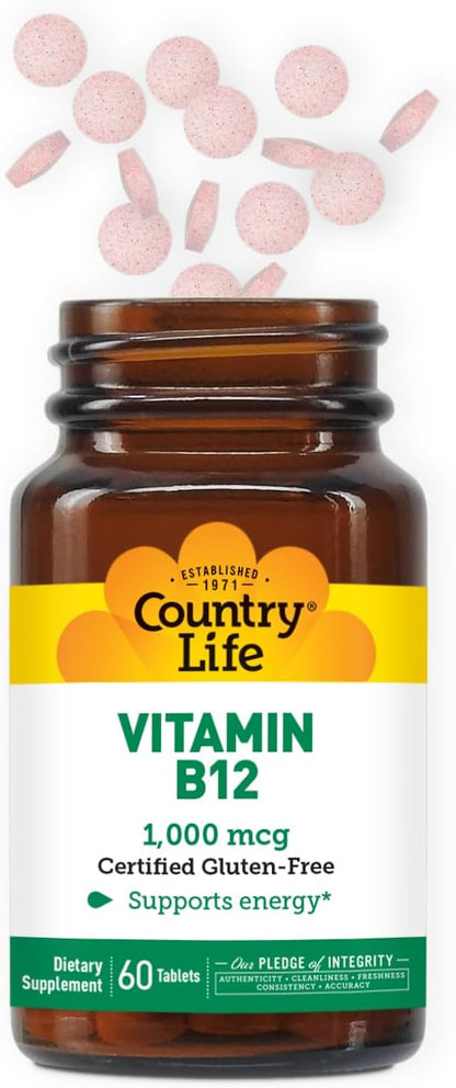 Country Life Vitamin B12 1,000 mcg, Vegan Energy Support, 60 Tablets