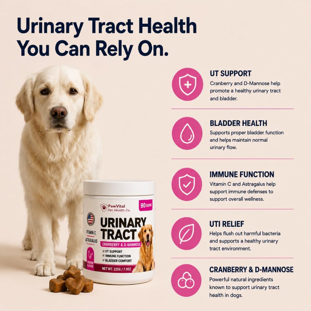 Dog UTI Support Chews, Cranberry Supplement for Dogs with D-Mannose, Urinary Tract & Bladder Support, Dog Cranberry Chews for Bladder Control, Incontinence Support, Chicken Flavor, 90 Soft Chews