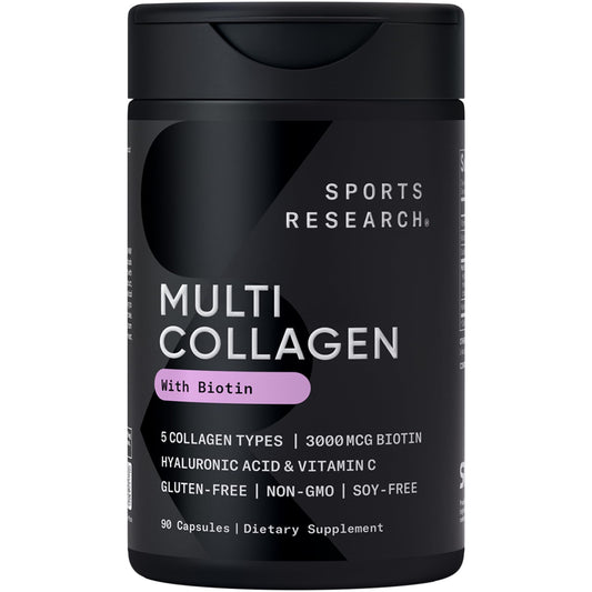Sports Research® Biotin-Infused Collagen Peptides Complex with Hyaluronic Acid – 5 Multi Collagen Types for Hair, Skin & Joint Support* - Gluten Free · Non-GMO · 90 Capsules Sports Research buy supplements Au
