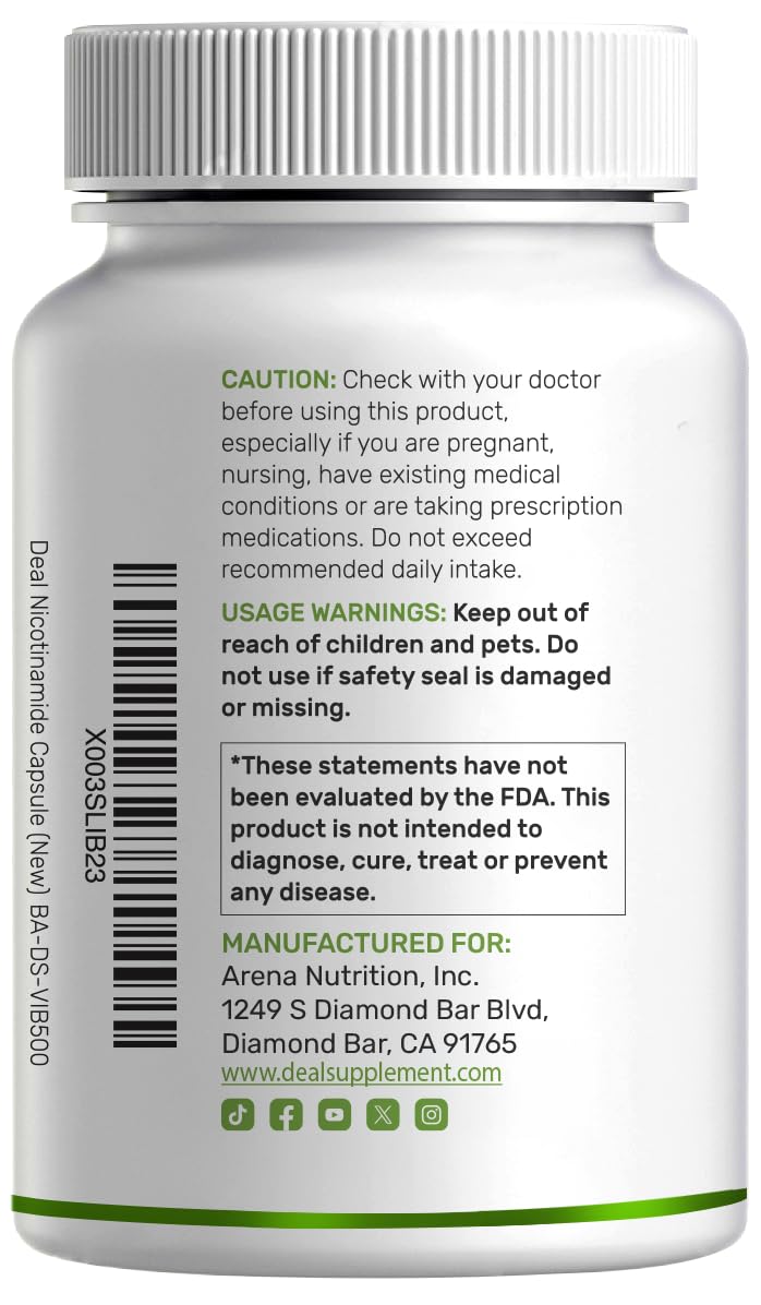Vitamin B3 Nicotinamide 1,000mg Per Serving – 500 Capsules, Flush Free Niacin, Essential B3 – Supports Healthy Skin & Energy Production – Non-GMO