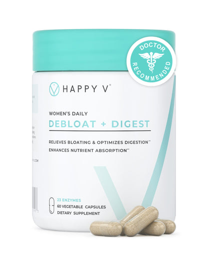 Happy v Debloat + Digest – Digestive Enzymes for Women to Support Bloating, Gas, Constipation, Gut Health, and Nutrient Absorption – Stomach Comfort & Digestion Support Supplement – 60 Vegan Capsules