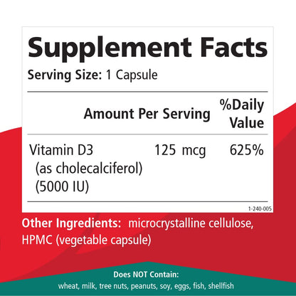 Pure Essence Labs Vitamin D - 5000 IU of Vitamin D from 100% Pure Cholecalciferol - 30 Vegetarian Capsules