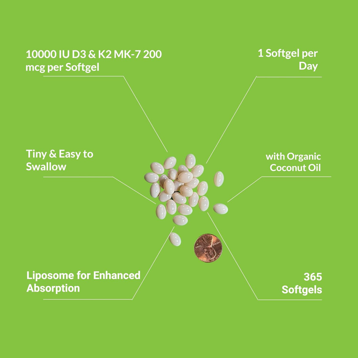 UpNourish Liposomal D3 K2 Vitamin 10000 IU D3 and K2 MK-7 200 mcg - 365 Vitamin D3 k2 (Vitamina D3 con K2) Mini Softgels - Easy to Swallow K2 D3 Vitamin Supplement