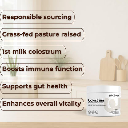 Wellthy Colostrum Powder – Grass-Fed, 40% IgG – Supports Immune System, Gut Health, and Radiant Skin – 30 Servings – Made in USA