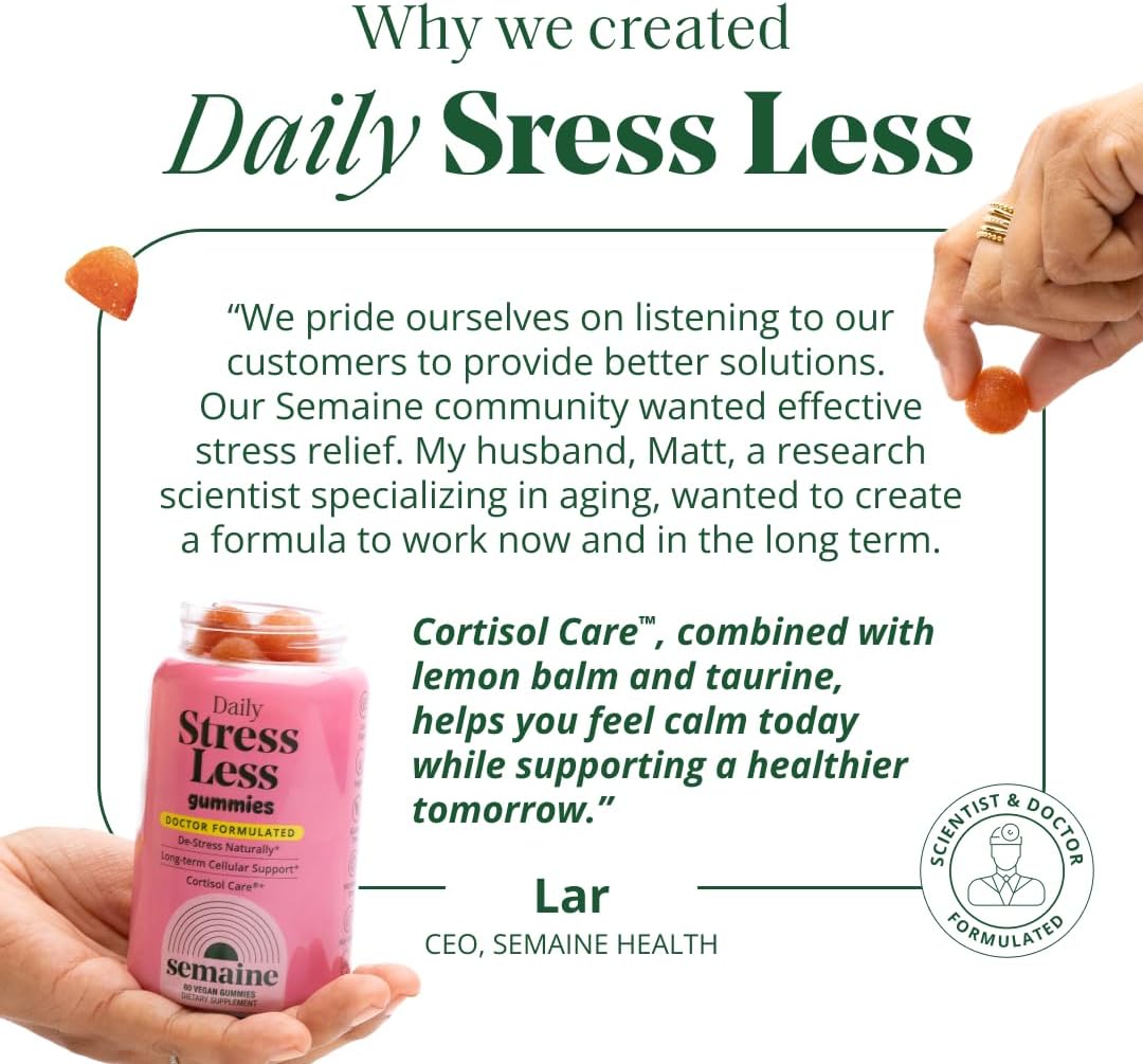 Semaine Stress Less Gummies - Calm Gummies for Adults, Stress Relief Supplement for Women, Cortisol Supplements for Women with Taurine & Lemon Balm, Cortisol Care Blend, 60 Count