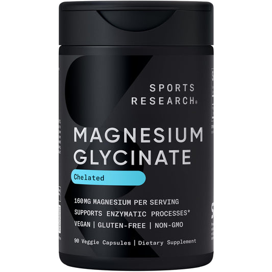 Sports Research® Magnesium Glycinate - Supports Restful Sleep & Enzymatic Processes - 160 mg Chelated Magnesium - Vegan Capsule - 90 Count Sports ResearchBuy Supplements Australia