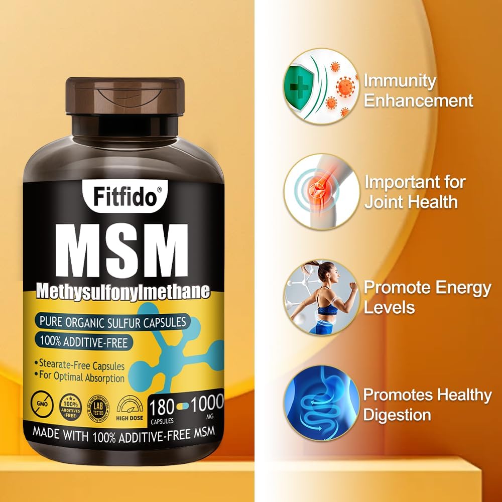 MSM Capsules 1000mg, 99.9% Pure Organic Sulfur, 180 Count