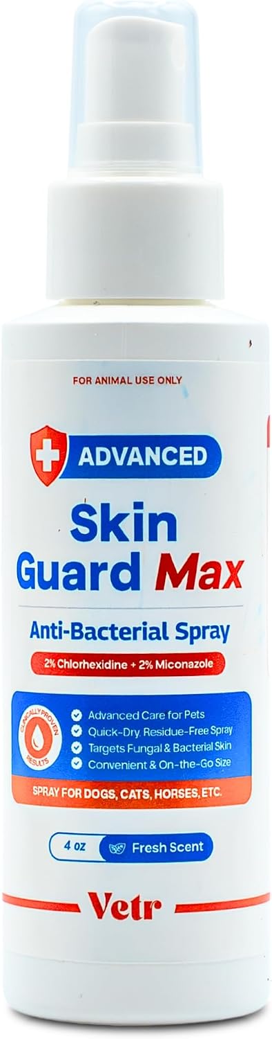 vetr Skin Guard Max Chlorhexidine Miconazole Cleansing Spray, 120mL | For dogs, cats, and horses. Dual-action 2% / 2% formula. Soothes dry, irritated skin. Cleanses skin & coat