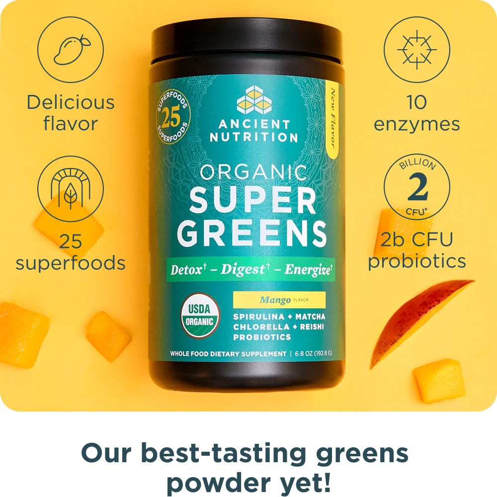 Ancient Nutrition Organic Supergreens Powder, Mango, 25 Servings + Multi Collagen Protein Powder, Vanilla, 60 Servings Ancient Nutrition buy supplements Au