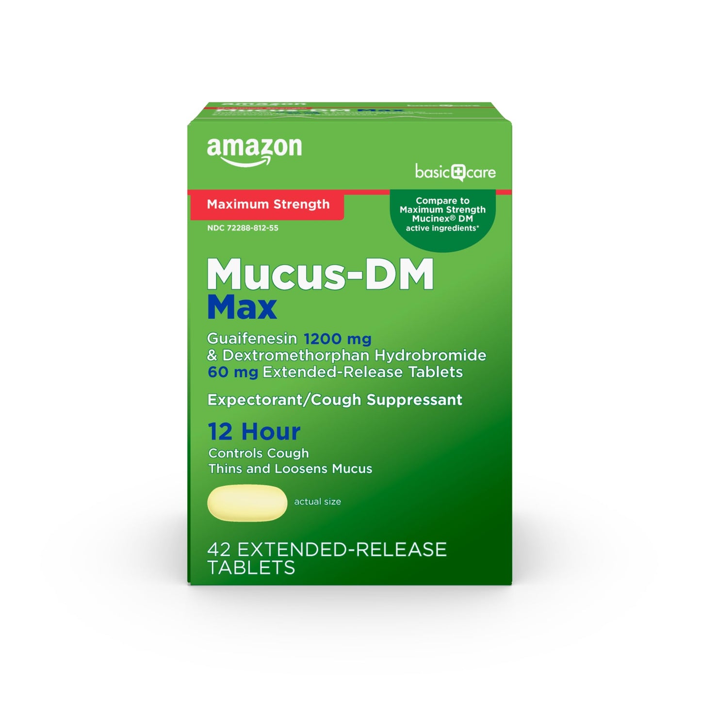 Green box of Mucus-DM Max tablets with Amazon branding on a white background