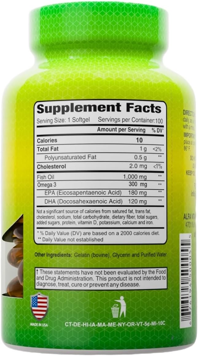 ALFA VITAMINS Omega 3 Fish Oil 1000mg Supplement, Supports Heart Health, Brain Function, Joint Mobility & Skin Hydration, 300mg Omega-3, 180mg EPA, 120mg DHA, 100 Softgels per Bottle, 4 Pack