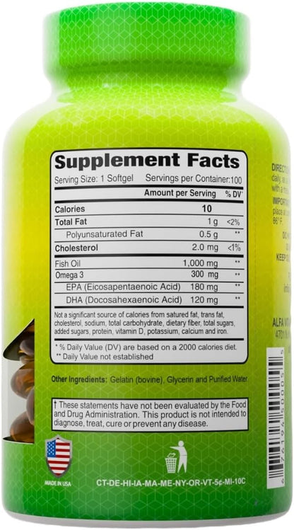 ALFA VITAMINS Omega 3 Fish Oil 1000mg Supplement, Supports Heart Health, Brain Function, Joint Mobility & Skin Hydration, 300mg Omega-3, 180mg EPA, 120mg DHA, 100 Softgels per Bottle, 4 Pack
