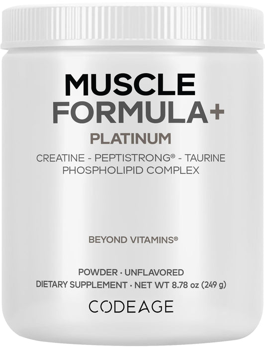 Codeage Muscle Formula+ Platinum Supplement - Creatine Monohydrate, PeptiStrong Fava Bean Protein Hydrolysate, Taurine, Vitamin D3, Liposomal Delivery - Non-GMO - Unflavored Protein Powder - 8.78 Oz CodeageBuy Supplements Australia