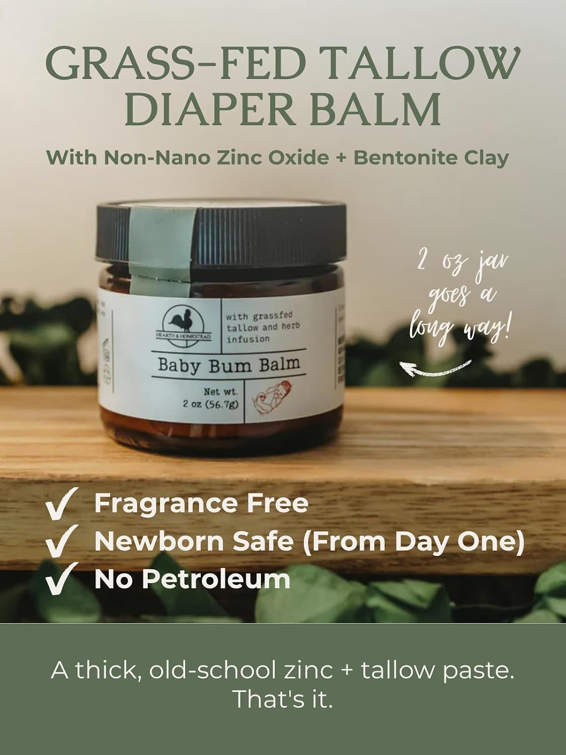 Hearth & Homestead Baby Bum Balm, Grass Fed Tallow Diaper Rash Cream with Zinc Oxide & Bentonite Clay, Fragrance Free Diaper Cream for Sensitive Baby Skin, Newborn Safe, 2oz