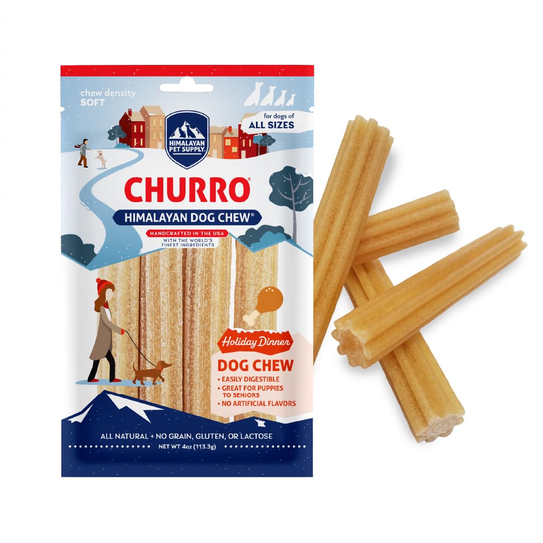 Himalayan Dog Chew Churro, Soft Yak Cheese Treat, Peanut Butter, 4 Sticks | 100% Natural, Soft Density Dental Support, Gluten Free, Healthy Safe Dog Treats for All Breeds and Ages, Lactose & Grain Free