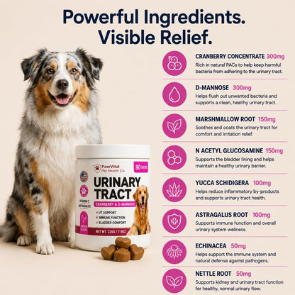 Dog UTI Support Chews, Cranberry Supplement for Dogs with D-Mannose, Urinary Tract & Bladder Support, Dog Cranberry Chews for Bladder Control, Incontinence Support, Chicken Flavor, 90 Soft Chews