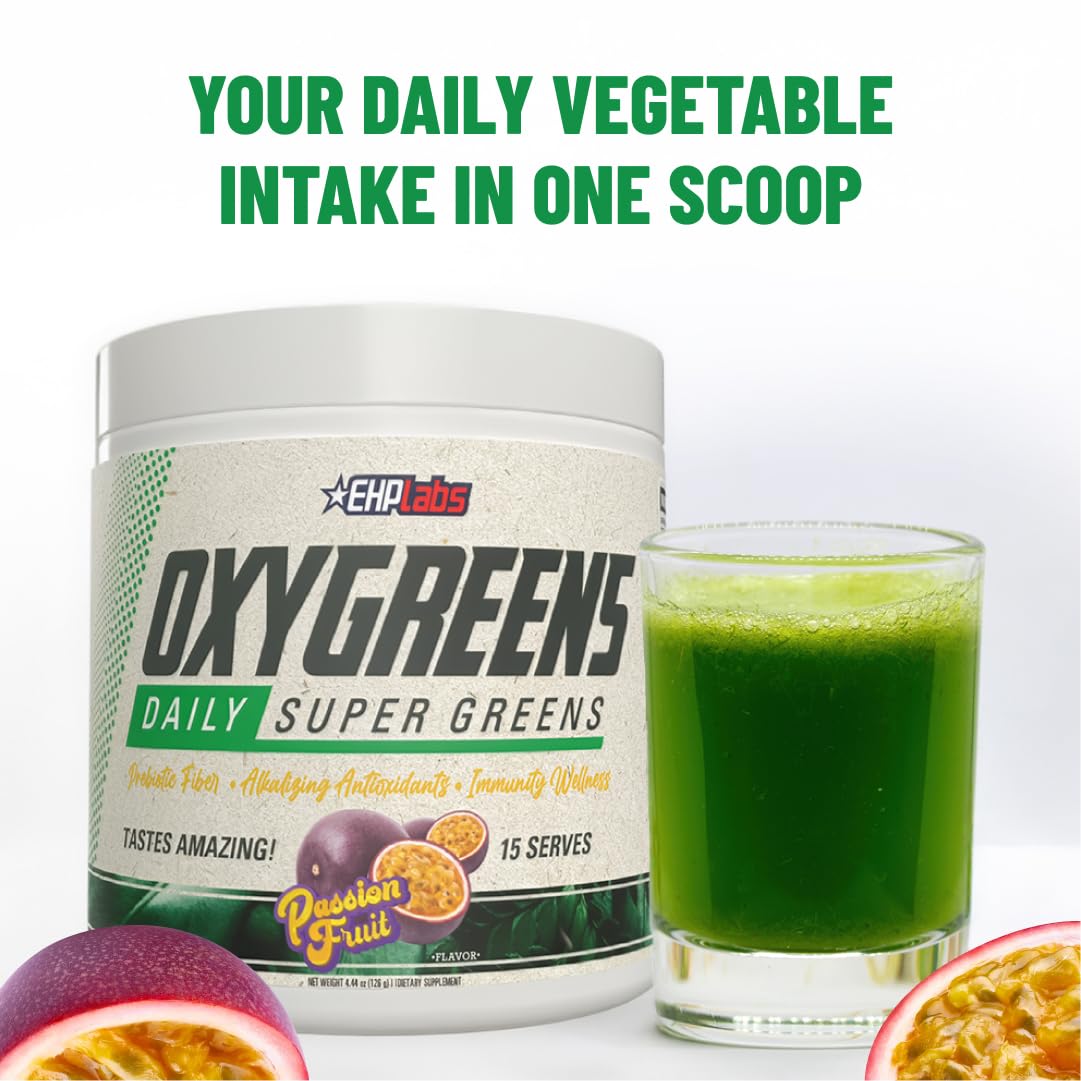 EHP Labs OxyGreens Super Greens Powder with Spirulina & Chlorella, Prebiotic Fiber, Probiotics & Digestive Enzymes – Antioxidant Green Superfood Supplement - 15 Serves (Pineapple)