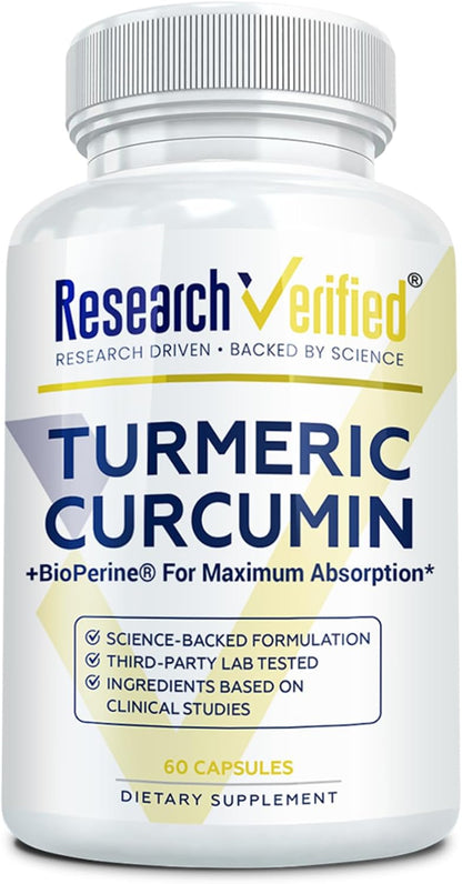 Research Verified Turmeric Curcumin Supplement with Black Pepper (BioPerine) - High Potency Curcumin - Antioxidant, Joints & Daily Wellness - 60 Vegan Turmeric Capsules - Made in USA - 1 Month Supply