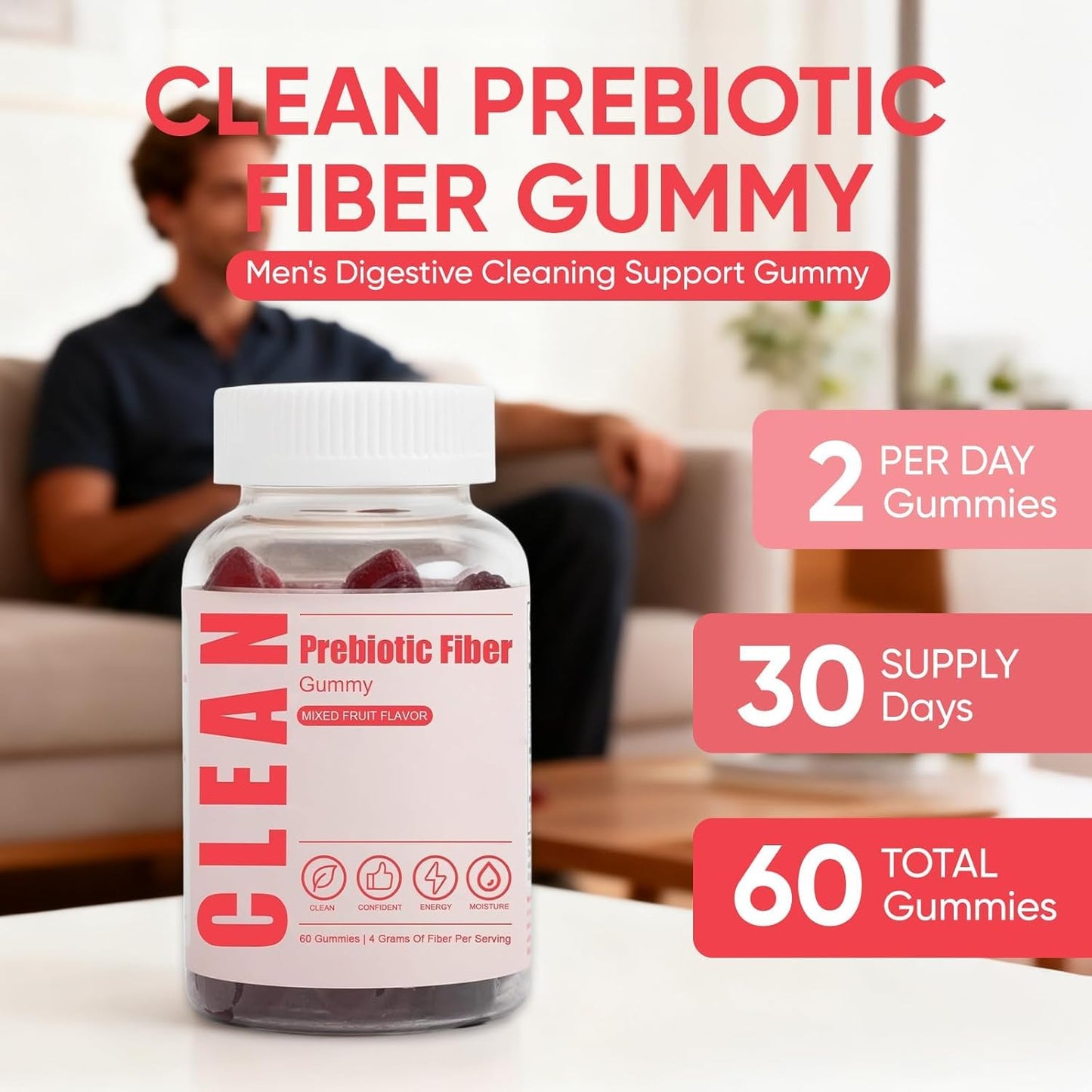 6525080 Clean Prebiotic Fiber Gummy, Clean Fiber Gummies for Men, Men Prebiotic Supplement for Digestive Gut Health, Non-GMO, 60 Gummies - dailyvitalstore