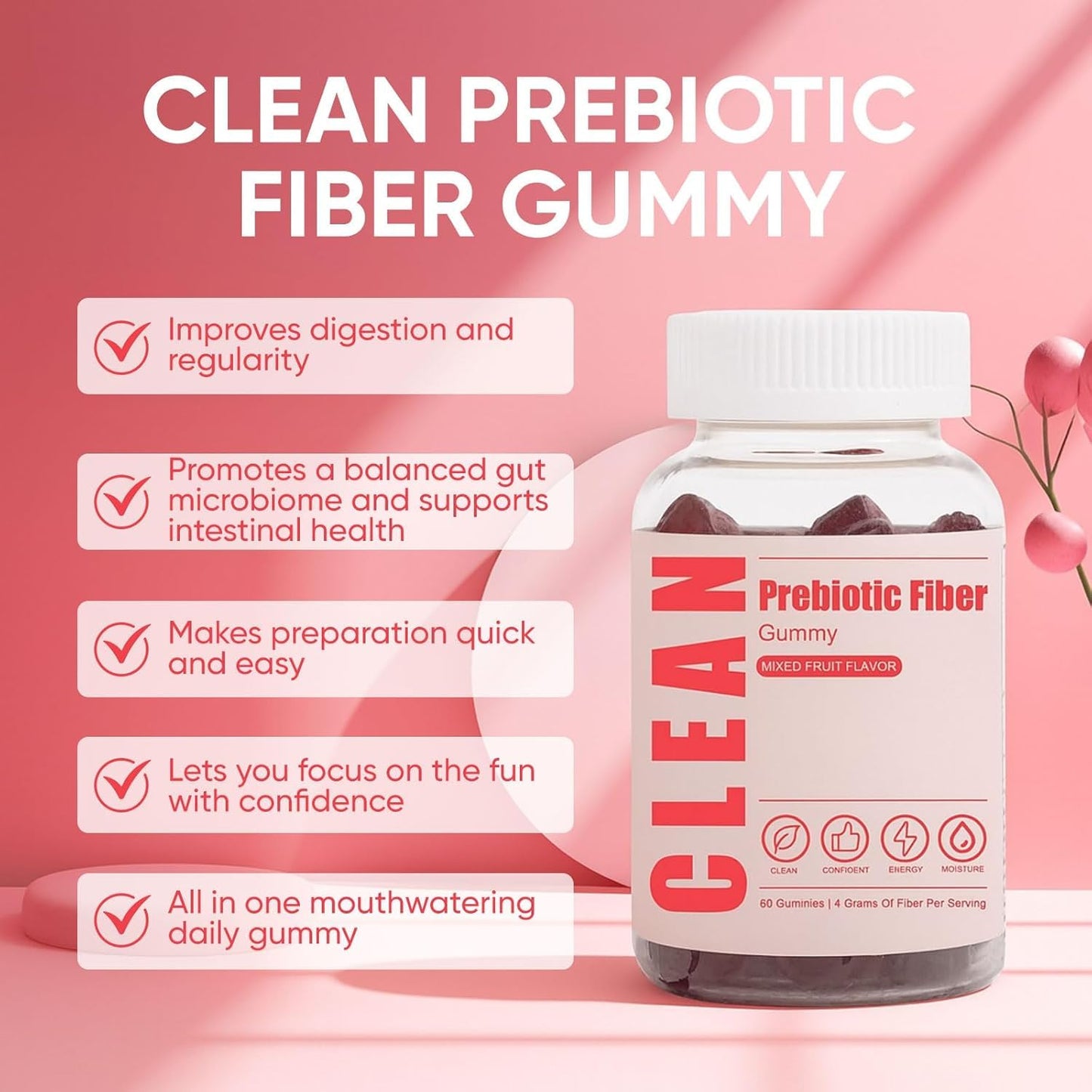 6525080 Clean Prebiotic Fiber Gummy, Clean Fiber Gummies for Men, Men Prebiotic Supplement for Digestive Gut Health, Non-GMO, 60 Gummies - dailyvitalstore