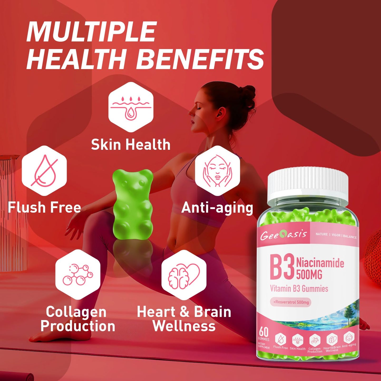Geeoasis Niacinamide 500mg Gummies, Chewable Vitamin B3 Supplement with Resveratrol 500mg, High Potency Niacin for Antioxidant, Skin & Brain Health,