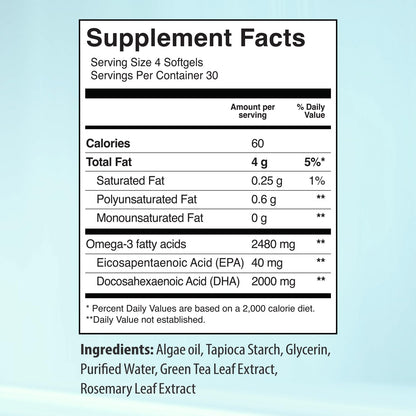 Ultimate Strength Plant Based Omega 3 Supplements, Organic EPA and DHA Omega 3 Fatty Acid Supplements from Algae Oil, No Fishy Aftertaste, 120 Softgels