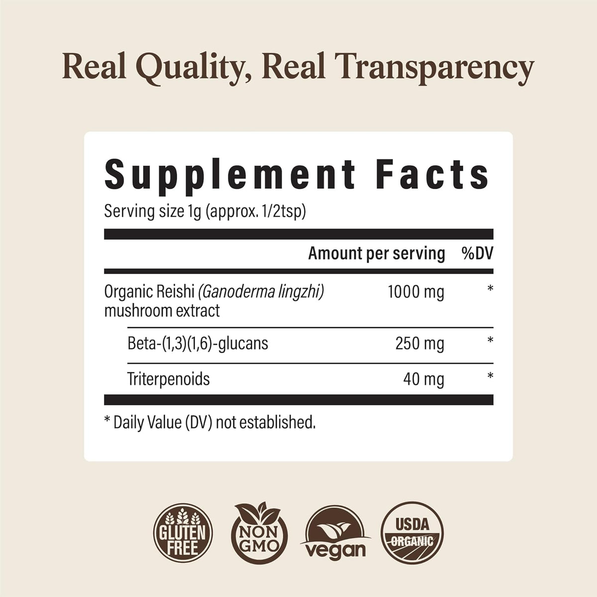 Real Mushrooms Reishi Mushroom Powder - Handpicked Organic Mushroom Extracts - Red Reishi for Tranquil Daily Wellness with Verified Beta Glucans Vegan, Non-GMO, No Grain Fillers, 100 Servings
