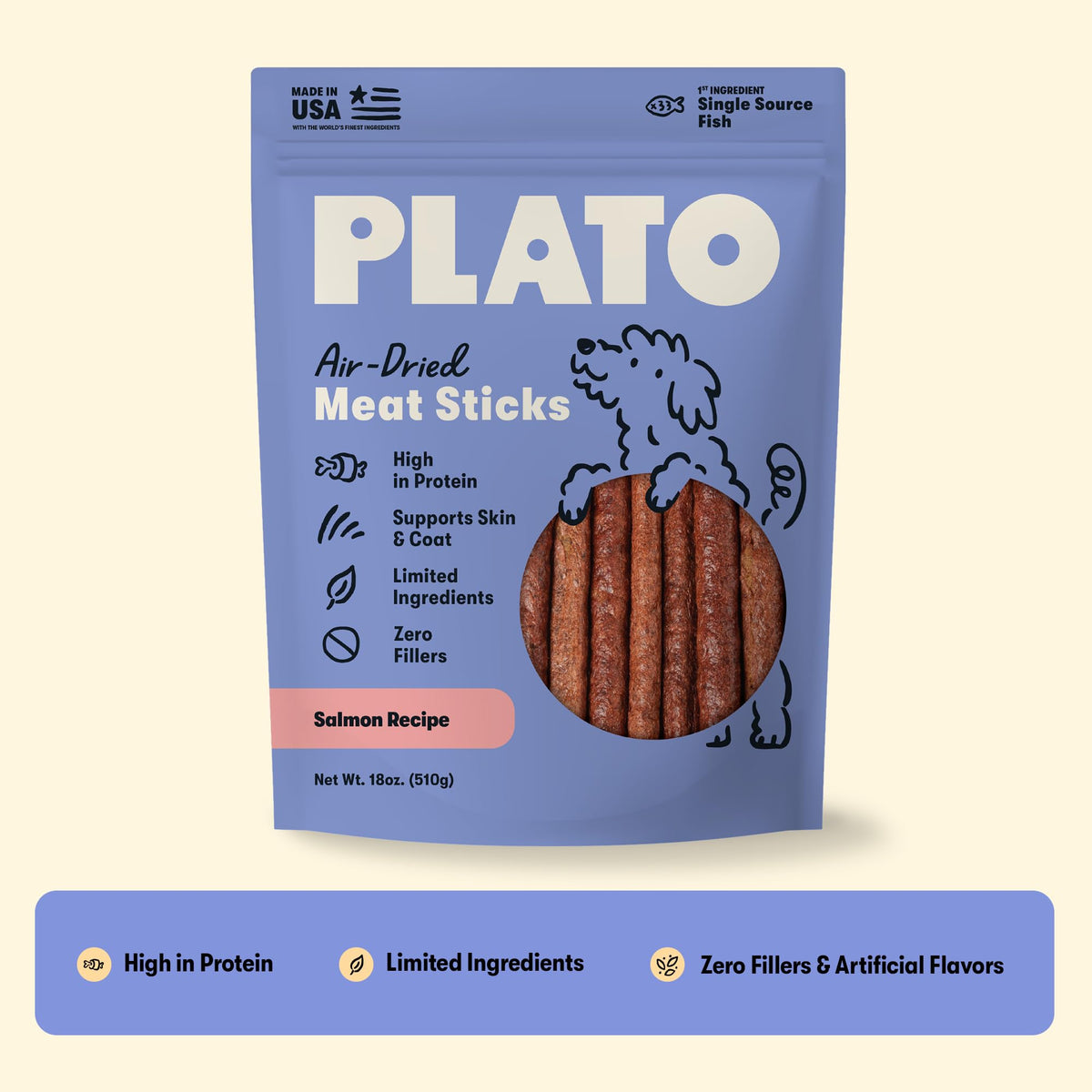 Plato Meat Sticks Salmon Dog Treats, Air-Dried High-Protein Soft Chews with Omega Fish Oil (EPA & DHA), 10 oz
