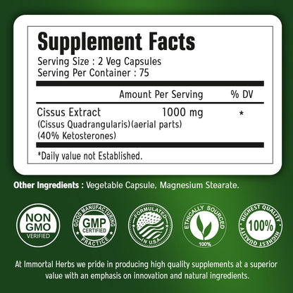 Cissus Quadrangularis Supplement 1000mg, 150 Pills, Pure Extract Powder with 40% Ketosterones, Non-GMO and Gluten-Free Cissus Extract Capsules for Men and Women