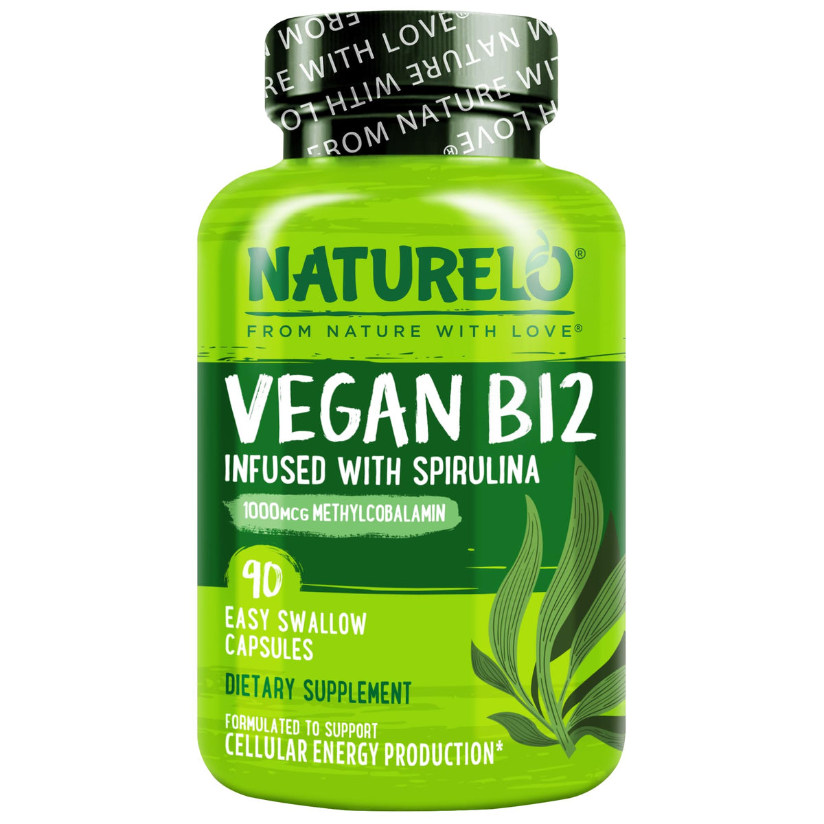 NATURELO Vegan B12 - Methyl B12 with Organic Spirulina - High Potency Vitamin B12 1000 mcg Methylcobalamin - Supports Healthy Mood, Energy, Heart & Eye Health - 90 Capsules