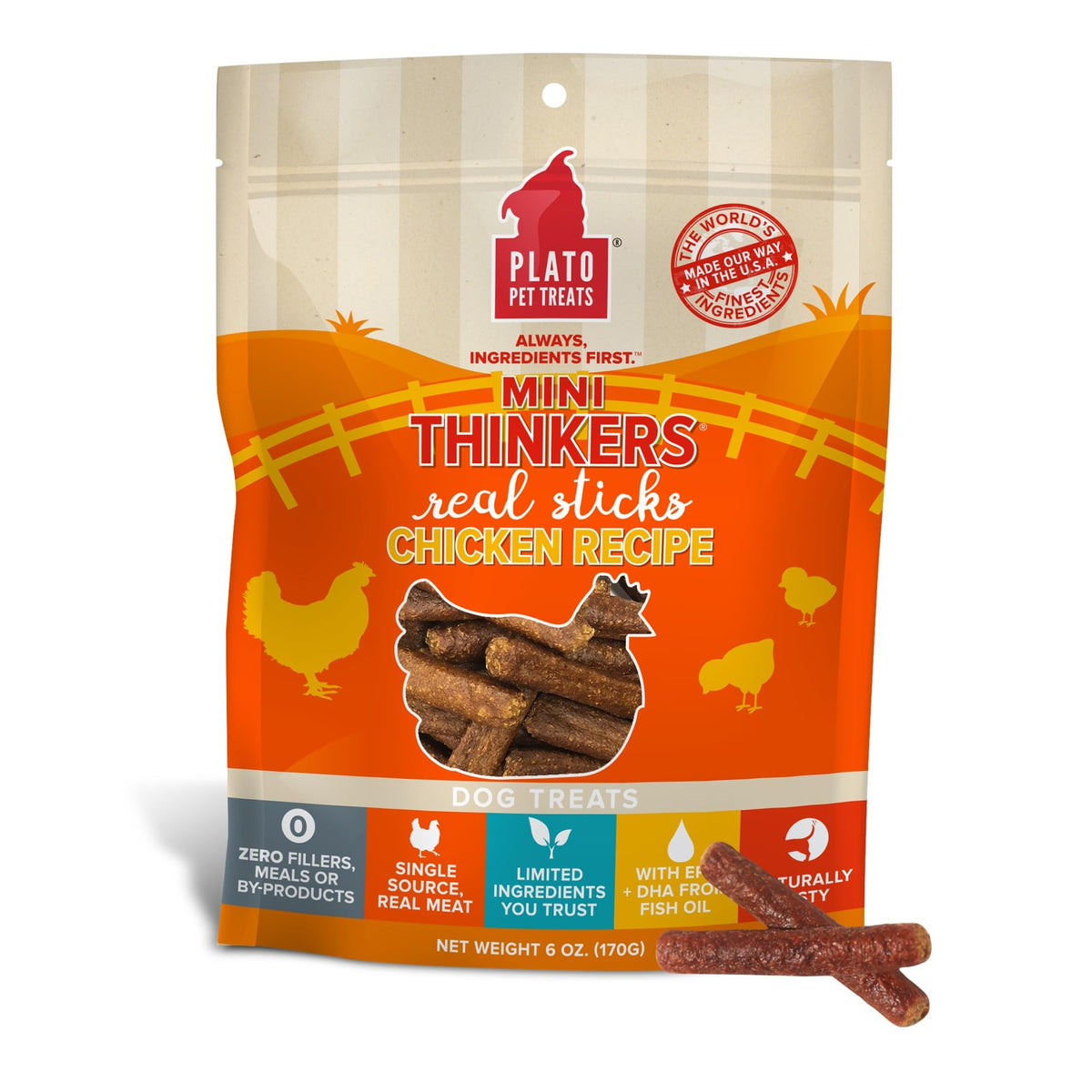 Plato Meat Sticks Salmon Dog Treats, Air-Dried High-Protein Soft Chews with Omega Fish Oil (EPA & DHA), 10 oz