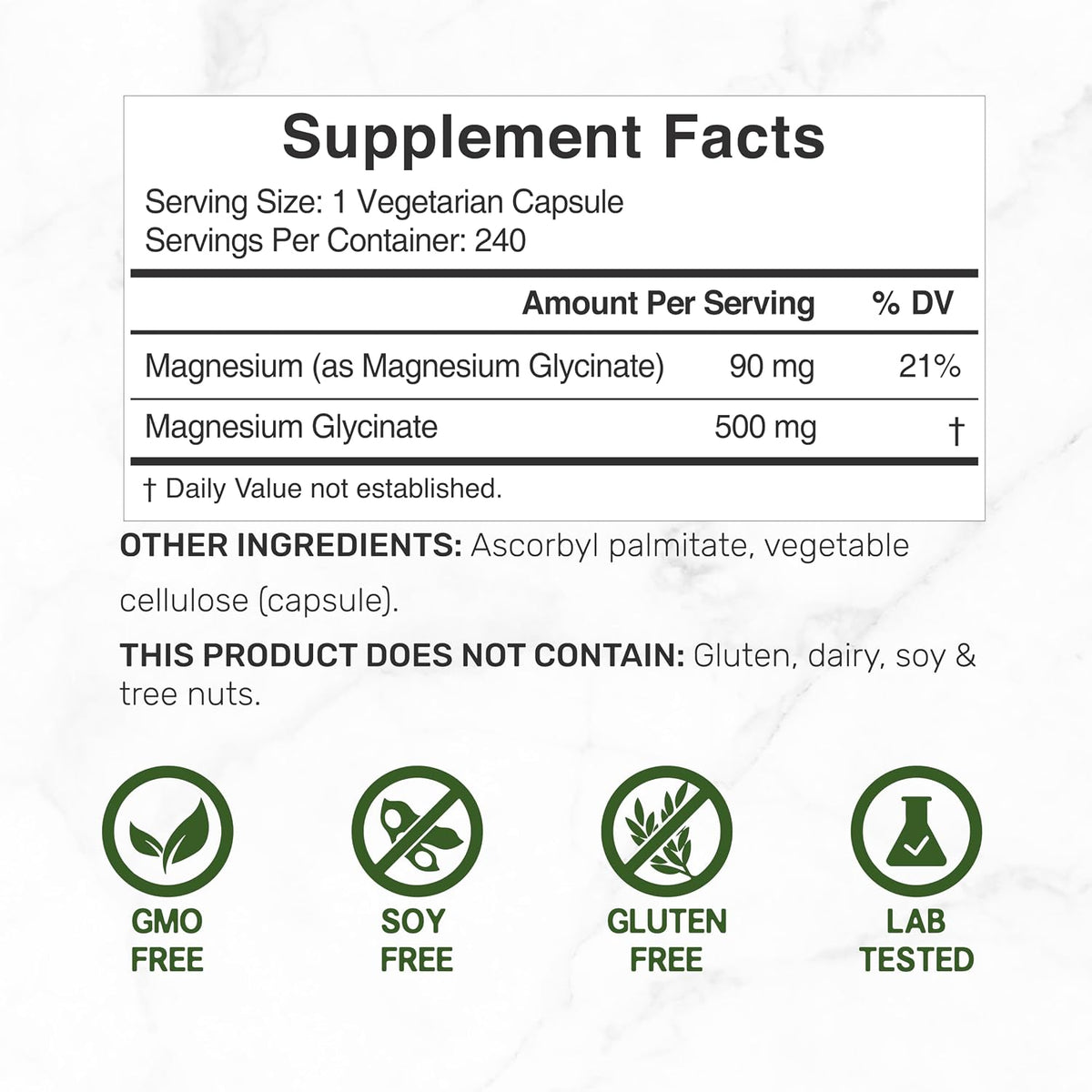 Deal Supplement Magnesium Glycinate 500mg Per Serving, 240 Veggie Capsules | 100% Chelated Magnesium Glycinate, Essential Mineral Supplement for Women & Men. Non-GMO, Gluten Free.