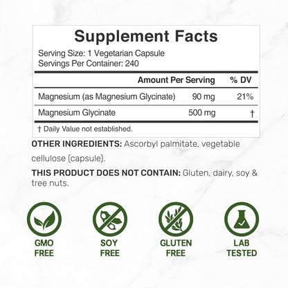 Deal Supplement Magnesium Glycinate 500mg Per Serving, 240 Veggie Capsules | 100% Chelated Magnesium Glycinate, Essential Mineral Supplement for Women & Men. Non-GMO, Gluten Free.